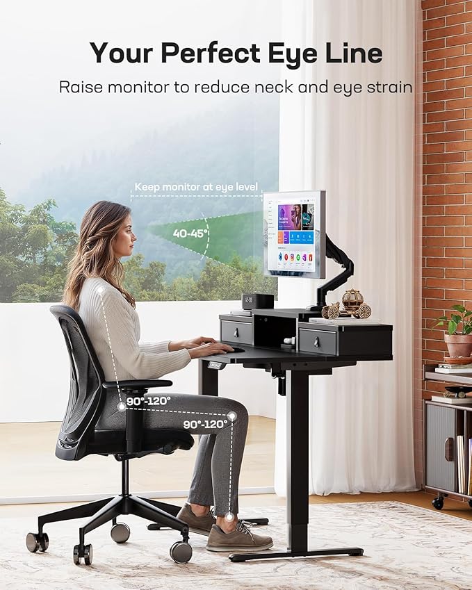 Marsail Electric Standing Desk with Drawers, 55″ x 28″ Height Adjustable Sit Stand Up Desk with Storage Shelf, Ergonomic Home Office & Computer Table with 4 Memory Heights, Black