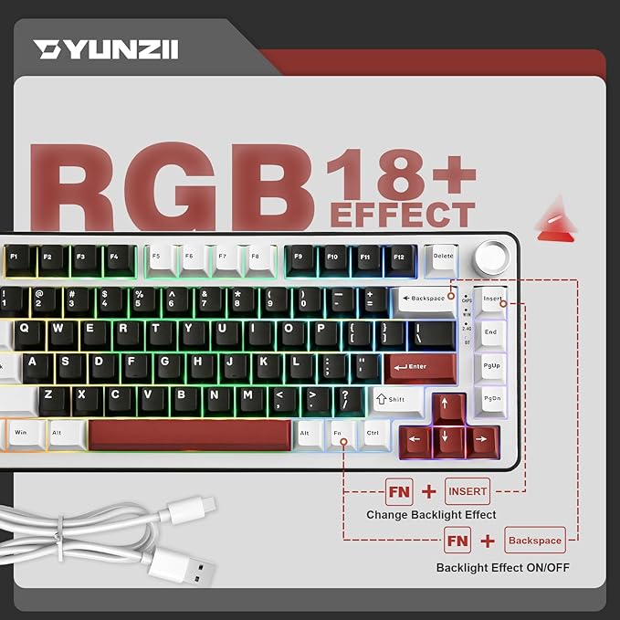 YUNZII B75 PRO Wireless Mechanical Keyboard,75% Layout with Knob,Hot Swap Gasket Custom Structure,Creamy Pre-lubed Switches,RGB Backlit,Bluetooth/Type-C/2.4G for Win/Mac(Cocoa Cream V2 Switch,Black)