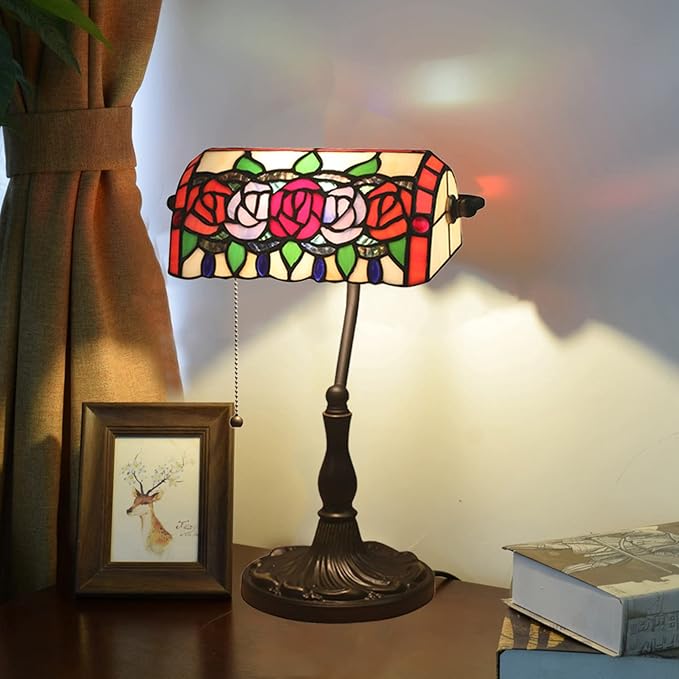 Tiffany Style Stained Glass Banker Desk Lamp, Rose Flower Pattern, Red, Pink, Green, Blue, Alloy Base, 10.62" W x 15.35" H