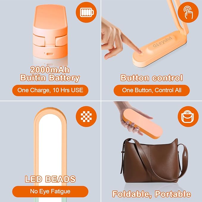 LED Desk Lamp for Office Home & Battery Operated Lamp Rechargeable Lamp Foldable & Portable Light, LED Desk Light Strip, 3 Brightness Dimmable Small Desk Lamp Reading Lamp (Orange)