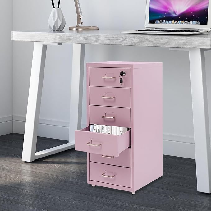 TFCFL Mobile File Cabinet 6 Drawer Vertical File Cabinet with Wheels Metal File Cabinet with Lock for Home Office, 11" D x 16" W x 27" H (Purple)