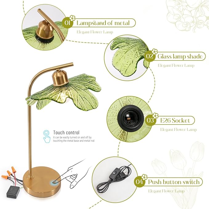 touch Table Lamp set of 2, Mid Century Modern Table lamp Gold Desk lamp tall table lamp nightstand lamp with Green Glass Flower Shade Bedside Table Lamp for end table Bedroom Living Room Office