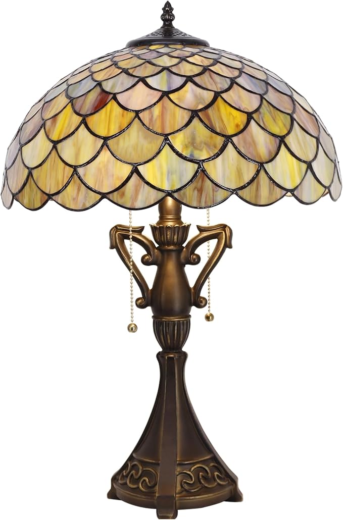Tiffany Table Lamp 24 Inch High Antique Stained Glass Brown Fish Scales Desk Reading Light Wide 16 Inch for Bedroom Living Room Home Office
