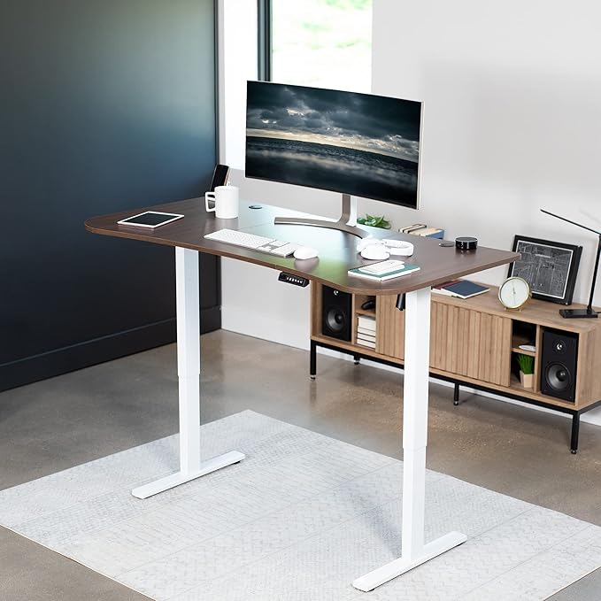 VIVO Electric 63 x 32 in Standing Desk, Memory Height Adjustment, 1B Series, Dark Walnut Top White Frame, DESK-KIT-1W1D