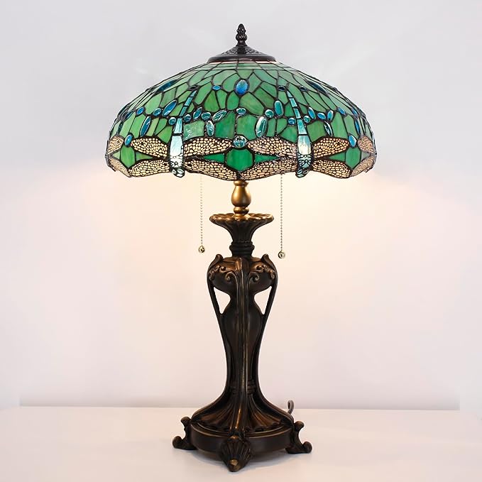 Tiffany Stained Glass Table Lamp 16X16X24 Inch Green Dragonfly Style Desk Bedroom Living Room Antique Reading Light (Green Dragonfly)