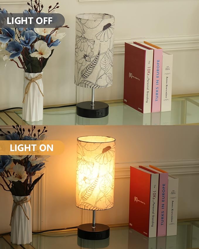 Touch Bedside Table Lamp with Bedroom, 3 Way Dimmable Desk lamp USB C Charging Ports and AC Outlet, Nightstand Lamp with Round Flower Fabric Shade for Living Room, Home Office