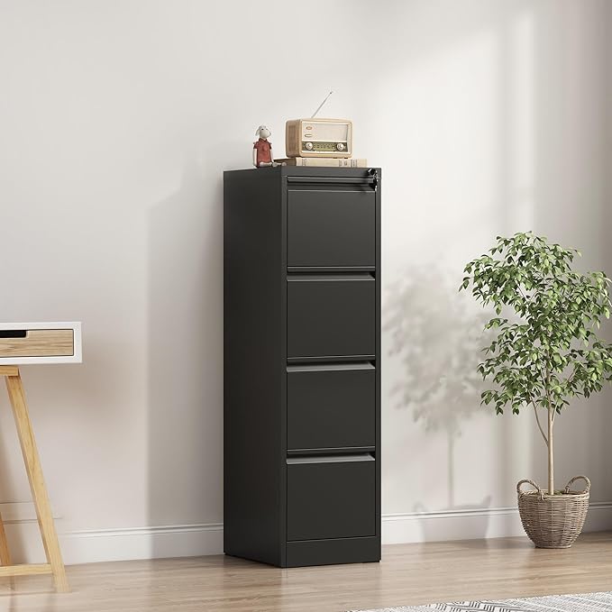 4-Drawer Locking Vertical File Cabinet, Metal Storage Cabinet for Office/Home – Secure Vertical Filing for Letter/Legal/A4/F4 Documents, Easy to Assemble Steel Cabinet (Black, 4 Drawer-52 H)