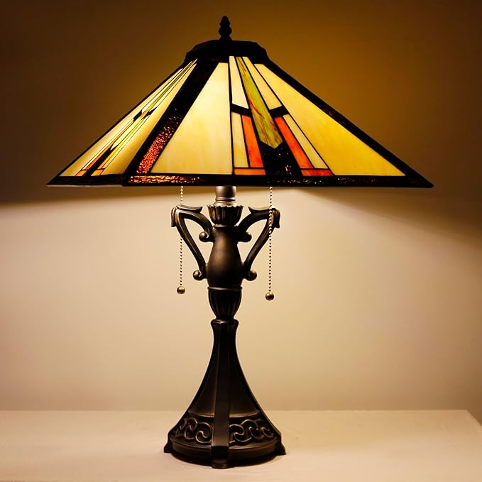 Tiffany Table Lamp Stained Glass Square Multicolour Mission Style Desk Reading Light 16X16X24 Inch for Bedroom Living Room Home Office