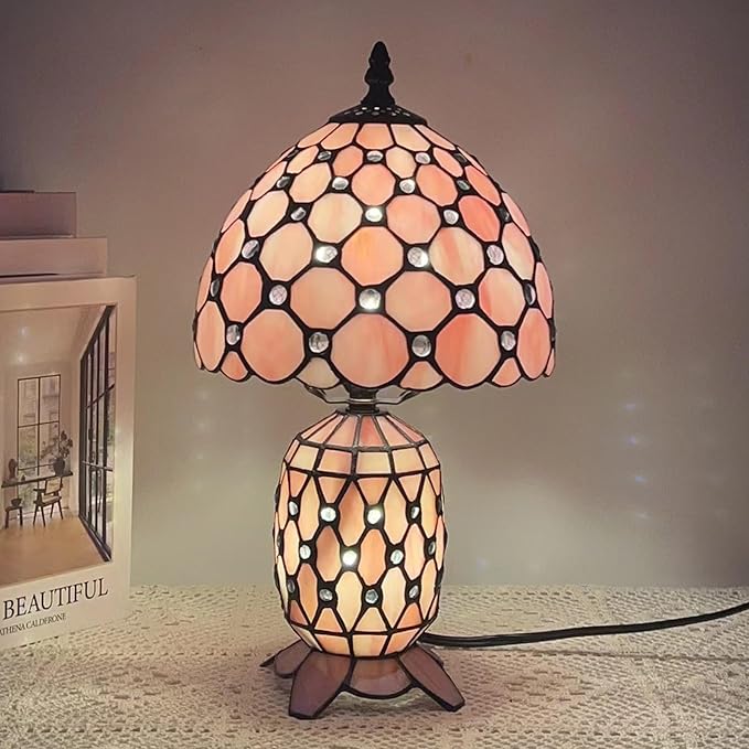 Small Tiffany Lamp Stained Glass Table Lamp Mini Mother Daughter Vase Desk Accent Night Light for Bedroom Bedside Reading Home Antique Style 8X14 Inches (Pink)