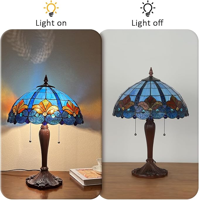 Tiffany Table lamp, Blue Stained Glass Desk Light - Antique Style 16” Large Nightstand Bedside Reading Light for Living Room Bedroom Office