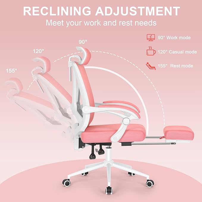 Misolant Ergonomic Office Chair with Footrest, Pink Desk Chair with Adjustable 2D Lumbar Support, High Back Mesh Ergonomic Office Chairs with Adjustable Headrest and Linkage Armrest