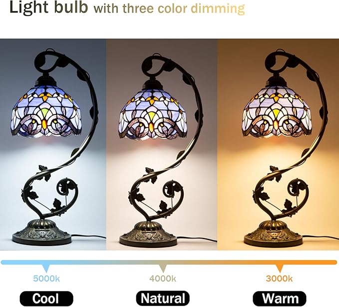 Tiffany Lamp,21x11x8 inches Stained Glass Lamp,Purple Baroque Tiffany Style Table Lamp with Three-Color Dimming for Bedside Table,Dining Table,Antique Office