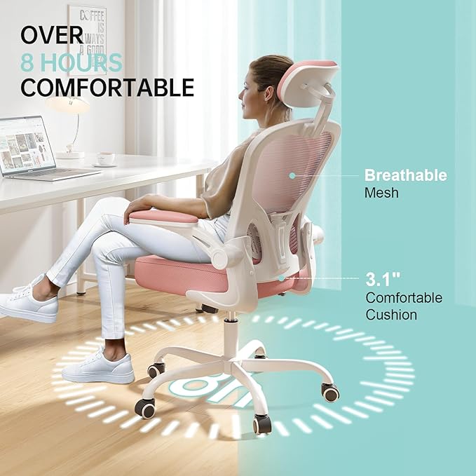 Office Chair Ergonomic Desk Chair, 330LBS Capacity, High Back Computer Chair for Long Hours Comfortable, Rolling Swivel Executive Task Chair for Home Office with Flip-up Armrests(White Pink)