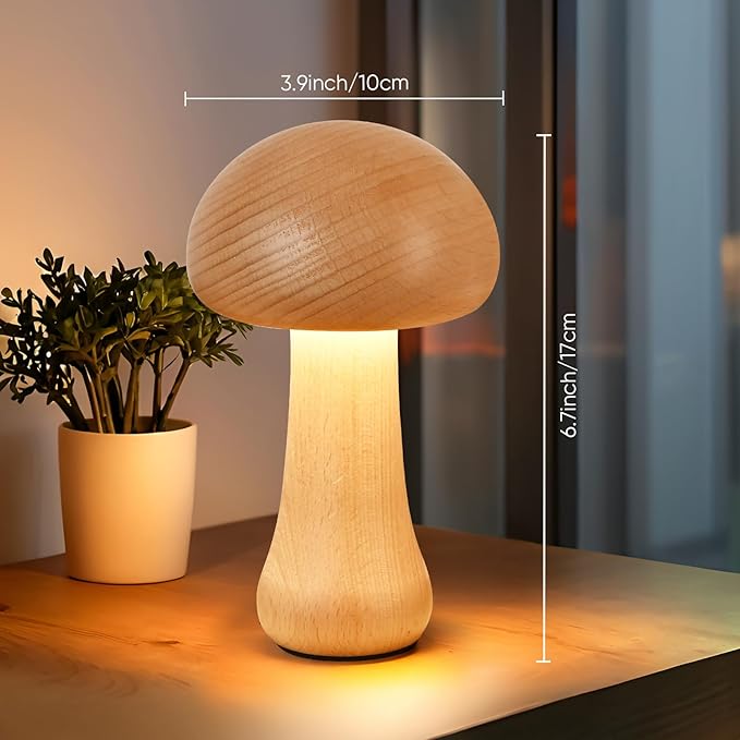 LED Creative Mushroom Table Lamp, Wood Desk Lamp, Bedroom Bedside Night Light, Dimmable Led Lighting, Creative Home Decor Table lamp, Unique House warmging Gift