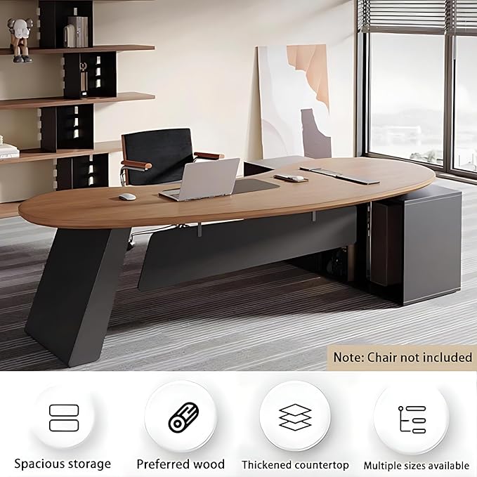 Home Office Desk - L Shape Office Table with Side Cabinet, Solid Wood Executive Desk with Large Desktop & Desktop Power Supply, Novel Design (100IN)