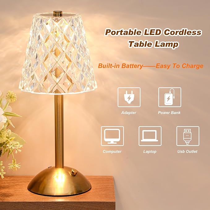 Liliful 4 Pcs LED Portable Cordless Table Lamp Touch Battery Operated Rechargeable Gold Desk Lamp 3 Color Dimmable for Bedroom Living Room Dining (Gold,Diamond Style)