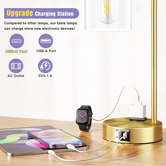 Innqoo Industrial Gold Table Lamp for Bedrooms Set of 2-3-Way Dimmable Desk Lamp with USB C+A Ports and Outlet, Gold Lamps with Clear Glass Shade for Living Room, Desk Lamps for Home Office