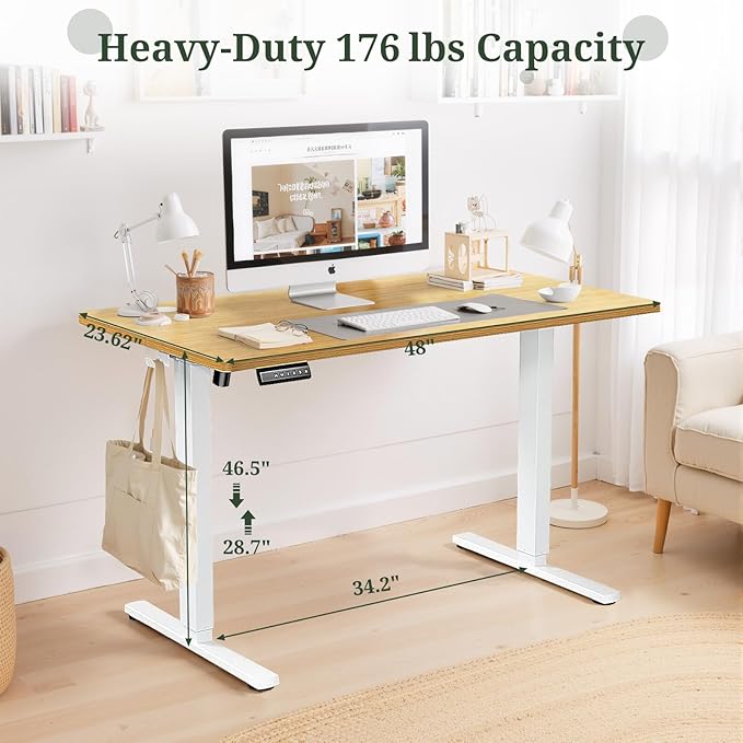 48 x 24 in Electric Standing Desk - Memory Height Adjustable Ergonomic Sit-to-Stand Rising Computer Table Gaming Workstations with 2 Hooks and Wire Hole for Home Office, Natural