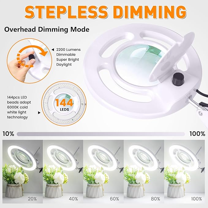10X Magnifying Glass with Light and Stand, NUEYiO 2200 Lumens Stepless Dimming LED Magnifier Lamp, Adjustable Swing Long Arm Magnifying Light, Hands Free Craft Lamp for Projects Soldering Workbench