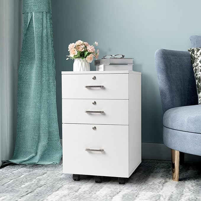 Karl home Wooden File Cabinet, 3 Drawer Vertical File Cabinets with 3 Lock,Printer Stand Mobile Storage Cabinet,Filing Storage Drawer for Home,Office,White(15.75" L x 15.75" W x 26.1" H)