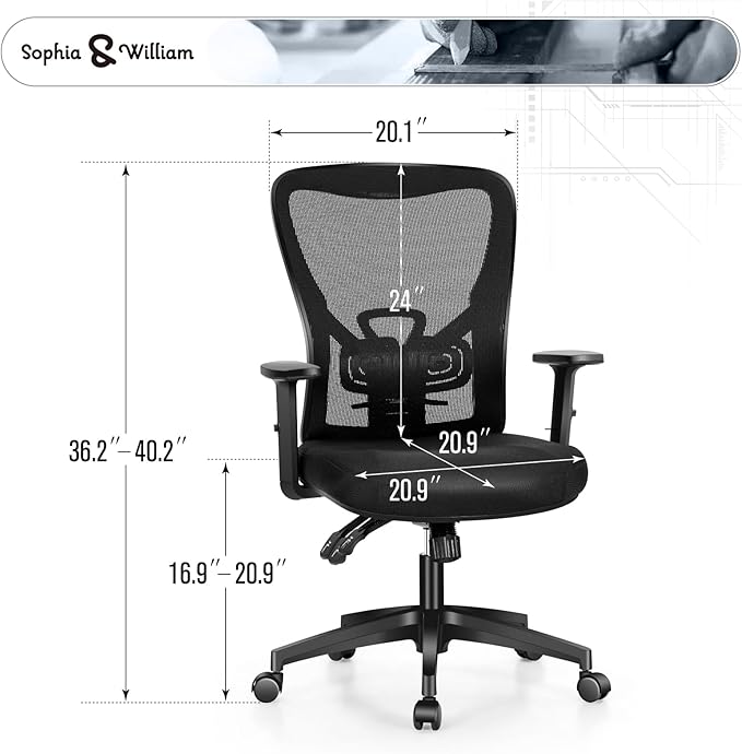 Sophia & William Ergonomic Rocking Mesh Office Desk Chair High Back, Modern 360° Swivel Executive Computer Chair with Height Adjustable Armrests, Lumbar Support, Black