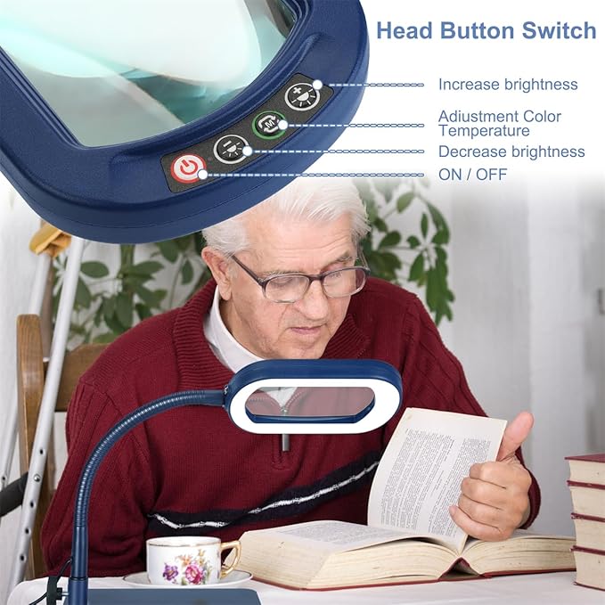 Veemagni 10X Rectangle Magnifying Glass with Light and Stand, Flexible Gooseneck LED Lighted Desk Lamp, 5 Color Modes Stepless Dimmable, Hands Free Magnifier for Reading Painting Close Work - Blue