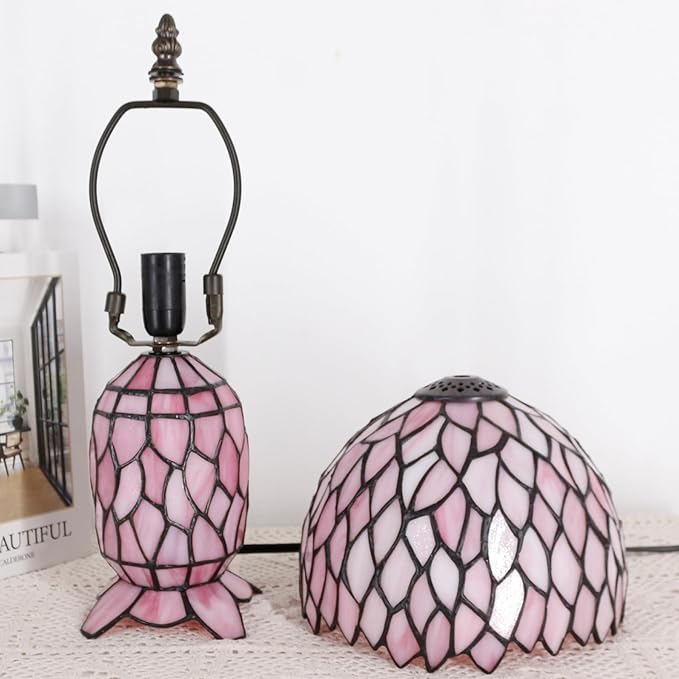 Small Tiffany Lamp Stained Glass Table Lamp Mini Mother Daughter Vase Desk Accent Night Light for Bedroom Bedside Reading Home Antique Style 8X14 Inches (Pink Wisteria)