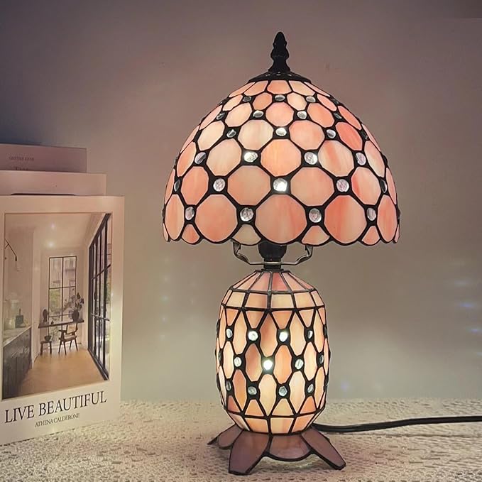 Small Tiffany Lamp Stained Glass Table Lamp Mini Mother Daughter Vase Desk Accent Night Light for Bedroom Bedside Reading Home Antique Style 8X14 Inches (Pink)
