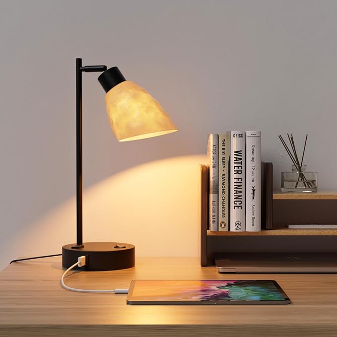 Neoglint Industrial Bedside Table Lamp, Dimmable Lamps for Bedrooms with USB A+C Ports AC Port, Vintage Moon Lampshade Desk Lamp 8W LED Bulb Bedside Nightstand Lamps for Living Room Office