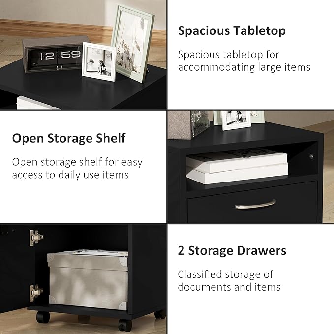 HOMCOM Mobile Storage Cabinet Organizer with Drawer and Cabinet, Printer Stand with Castors, Black