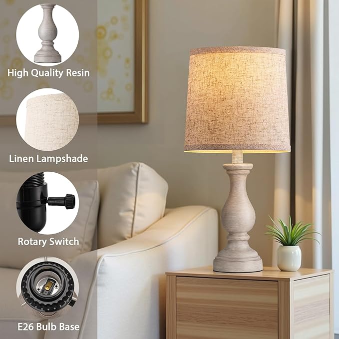 Seealle Farmhouse Table Lamps Set of 2 - Rustic Bedroom Lamps for Living Room, 22" Boho Bedside Lamp for Night Stands End Table Office Desk Lamp Nightstand Clearance Decorating with Linen Shades