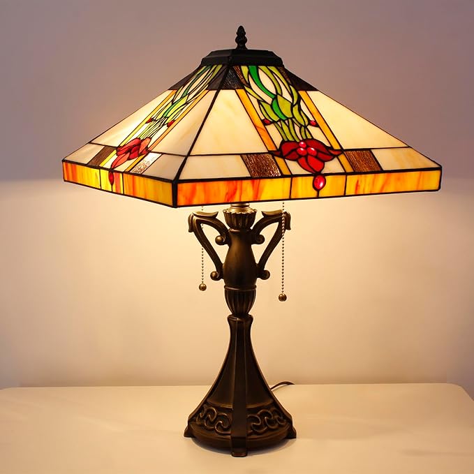 Tiffany Table Lamp Stained Glass Tulip Flower Square Geometric Mission Style Desk Reading Light 16X16X24 Inch for Bedroom Living Room Home Office