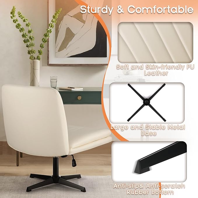 PUKAMI Criss Cross Legged Office Chair,Armless Office Desk Chair No Wheels,PU Leather Modern Swivel Vanity Chair,Height Adjustable Wide Seat Mid Back Computer Task Chair for Home Office