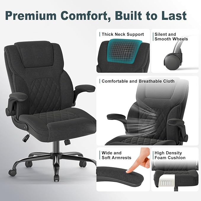 AnyGod Executive Office Chair, Comfy Ergonomic Computer Desk Chairs with Flip-up Armrests, Lumbar Support, High Back, 360° Swivel and Rocking Function for Home Office