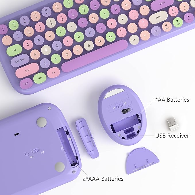 Wireless Keyboard and Mouse Combo - GEEZER Lilac Purple Round Keycap Keyboard 100 Keys - USB 2.4G Receiver Plug Play Typewriter Keyboards for Windows, PC, Laptop, Desktop