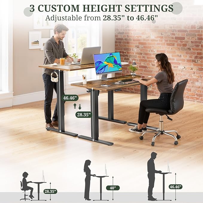 48 x 24 in Electric Standing Desk - Memory Height Adjustable Ergonomic Sit-to-Stand Rising Computer Table Gaming Workstations with 2 Hooks and Wire Hole for Home Office, Brown