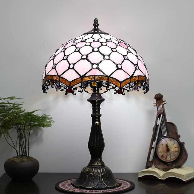Tiffany Lamp Stained Glass Table Lamp Bedside Table Reading Lamp Living Room Night Light 12-inch Pink Pearl Style Suitable for Home and Office Desktops