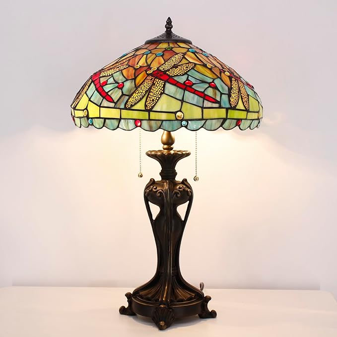 Tiffany Stained Glass Table Lamp 16X16X24 Inch Green Red Dragonfly Style Desk Bedroom Living Room Antique Reading Light (Green Red Dragonfly)