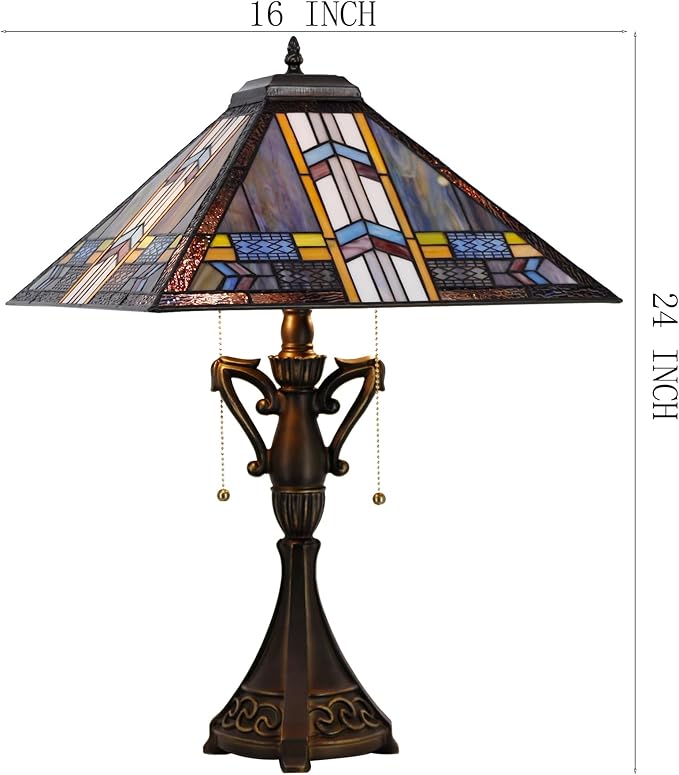 Tiffany Table Lamp Stained Glass Blue Cloudy Mission Style Desk Reading Light 16X16X24 Inch for Bedroom Living Room Home Office