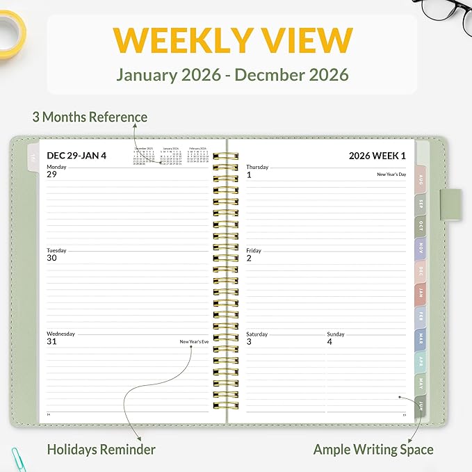 SUNEE 2026 Weekly & Monthly Planner 6.4"x8.5"- 12 Month (January 2026 - December 2026), Vegan Leather Cover, Pocket, Bookmark, Notes, Monthly Tab, Sage Green