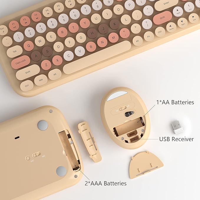 Wireless Keyboard and Mouse Combo - GEEZER Pale Coffee Colorful Round Keycap Keyboard 100 Keys - USB 2.4G Receiver Plug Play Typewriter Keyboards for Windows, PC, Laptop, Desktop