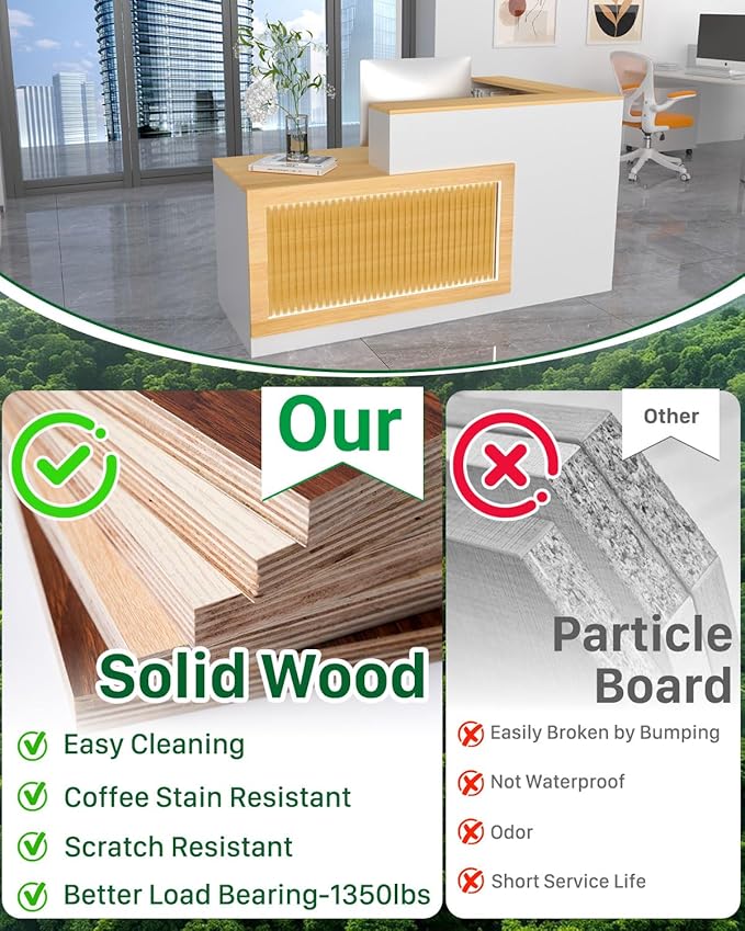 L-Shaped Reception Desk, Solid Wood Reception Desk with Counter, Check Out Stand with Lockable Drawer, Retail Checkout Counter for Office, Store, Beauty Salon (L-Shaped-Light Walnut -L, 71in)