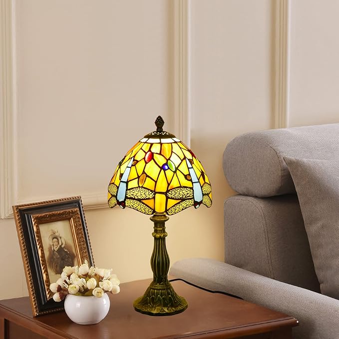 Tiffany Lamp Dragonfly Style Stained Glass Table Lamp Desk Reading Light, 8" Wide 15" Tall Bedside Table Lamp Decor for Small Space Bedroom Home Office
