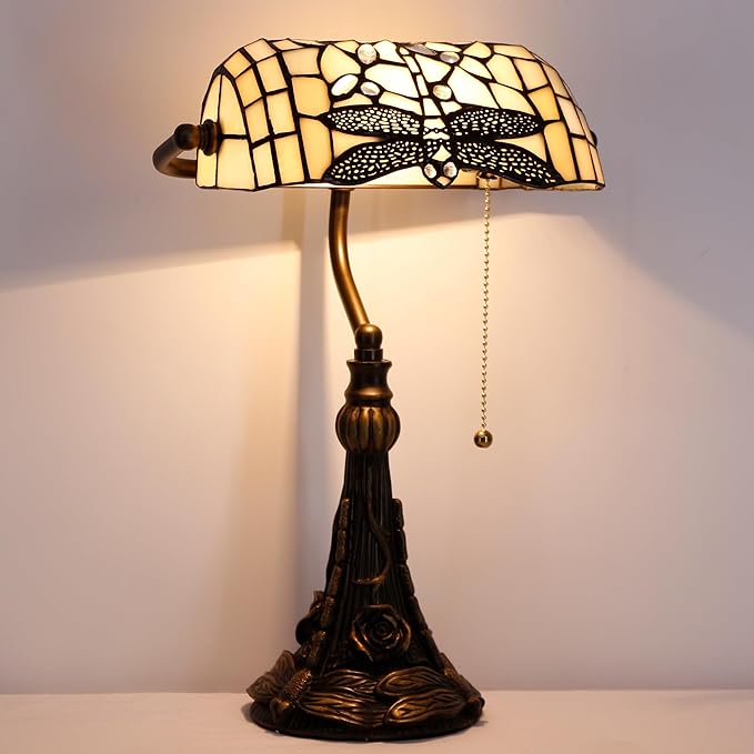 Tiffany Banker Lamp Small Stained Glass Table Lamp Tiffany Style Piano Light Cream Dragonfly Style Desk Lamp Angle Adjustable 10.6X15.7 Inch for Home Office Living Room Bedroom