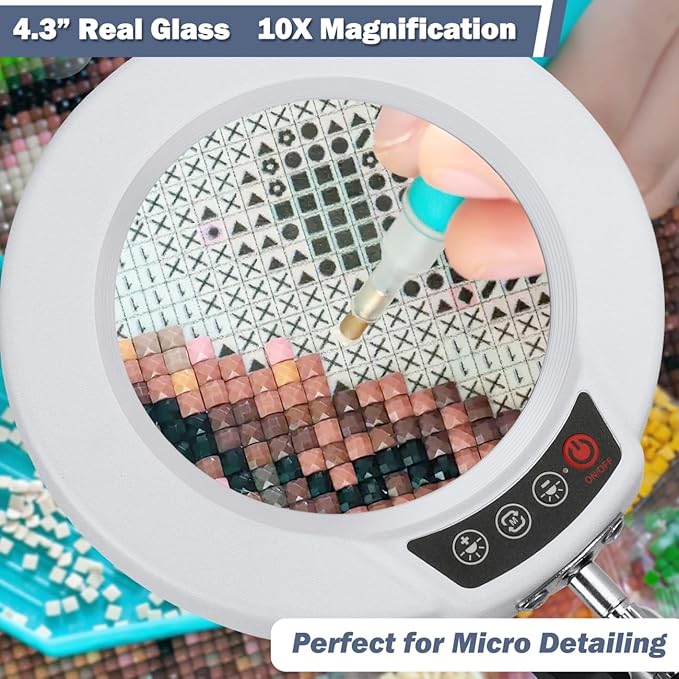 LANCOSC 10X Magnifying Glass with Light and Clamp, 5 Color Modes Stepless Dimmable Lighted Magnifier with Light, Adjustable Swing Arm LED Desk Lamp Hands Free for Close Work Crafts Painting - White