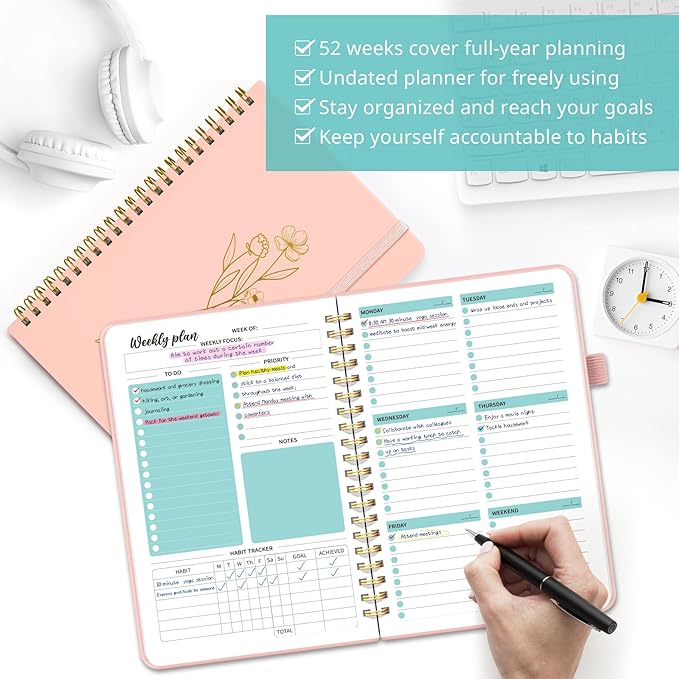 Undated Weekly Planner, Weekly To Do List Notebook with Goal & Habit Tracker Organizer, A5 Weekly Planner Notebook with Spiral Binding, 6.1" x 8.2" - Rosy