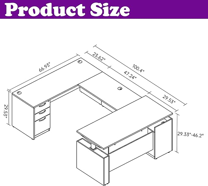100.4'' Height Adjustable U-Shaped Executive Desk with 3-Drawer File Cabinet and Shelves (Grey-U)