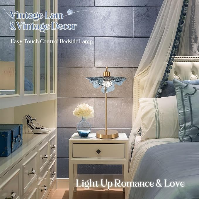Gold Table lamp Touch Table lamp with Blue Glass Flower Shade Mid Century Modern Lamps Bedside nightstand lamp Side Table Lamps Small Table lamp for Bedroom Living Room Office Farmhouse
