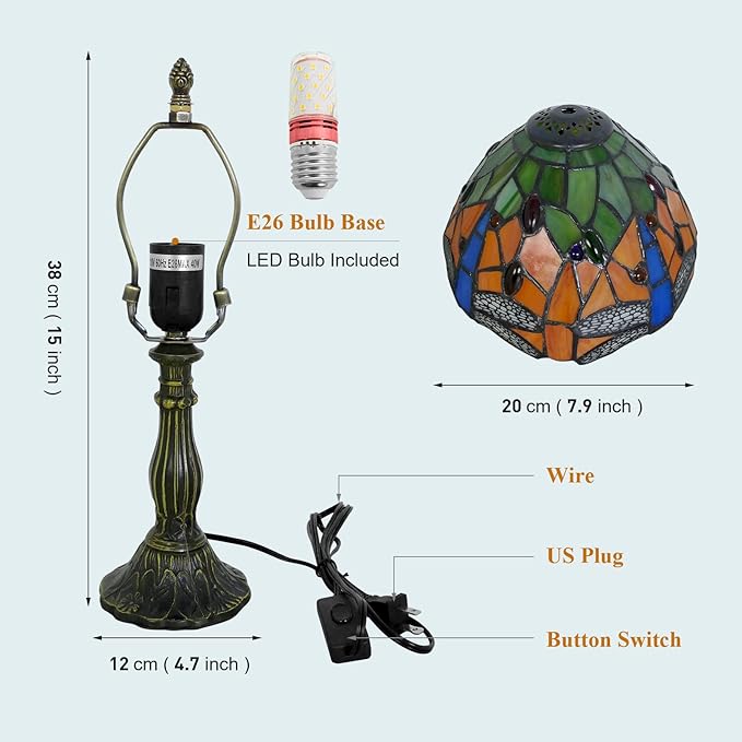 Tiffany Lamp Orange Dragonfly Stained Glass Table Lamp Desk Reading Light, 8" Wide 15" Tall Bronze Base Bedside Table Lamp Decor for Bedroom Living Room Home Office