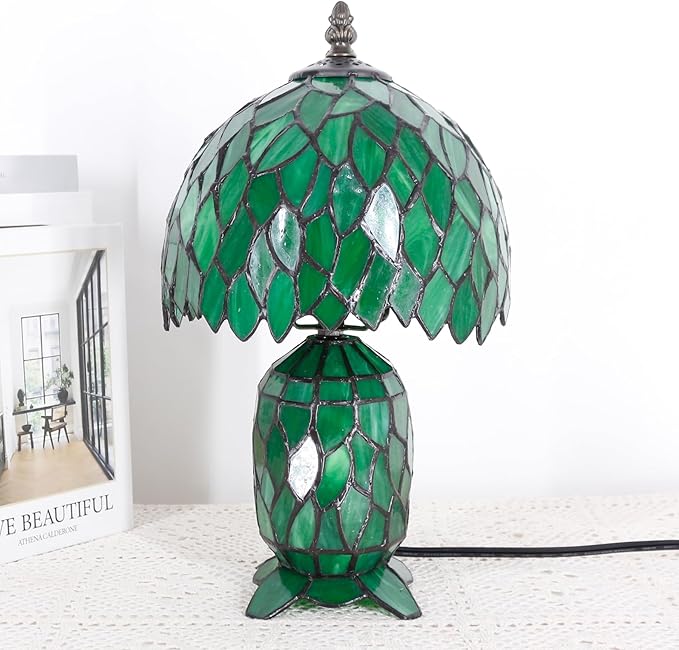 Small Tiffany Lamp Stained Glass Table Lamp Mini Mother Daughter Vase Desk Accent Night Light for Bedroom Bedside Reading Home Antique Style 8X14 Inches (Green Wisteria)